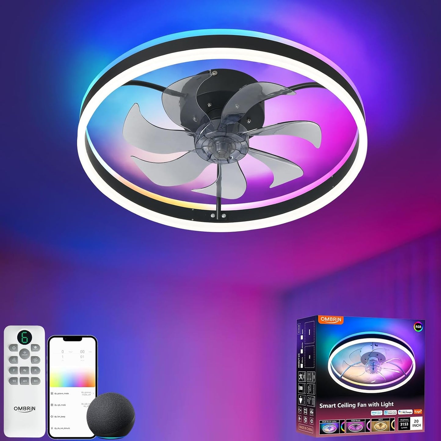 Ventilador techo inteligente con luz RGB 20pulg para dormitorio