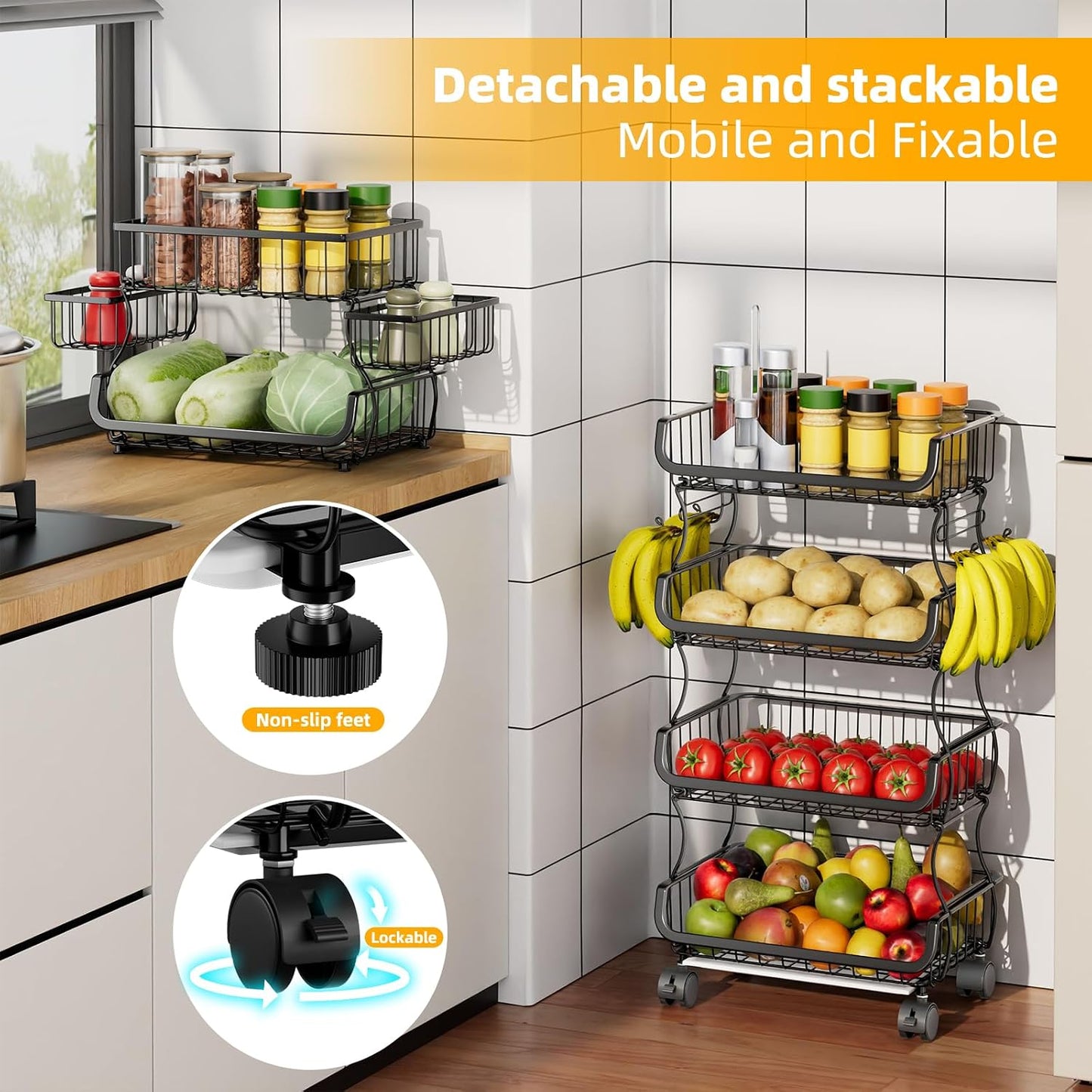 Carrito 6 niveles apilable con canastas y ruedas cocina