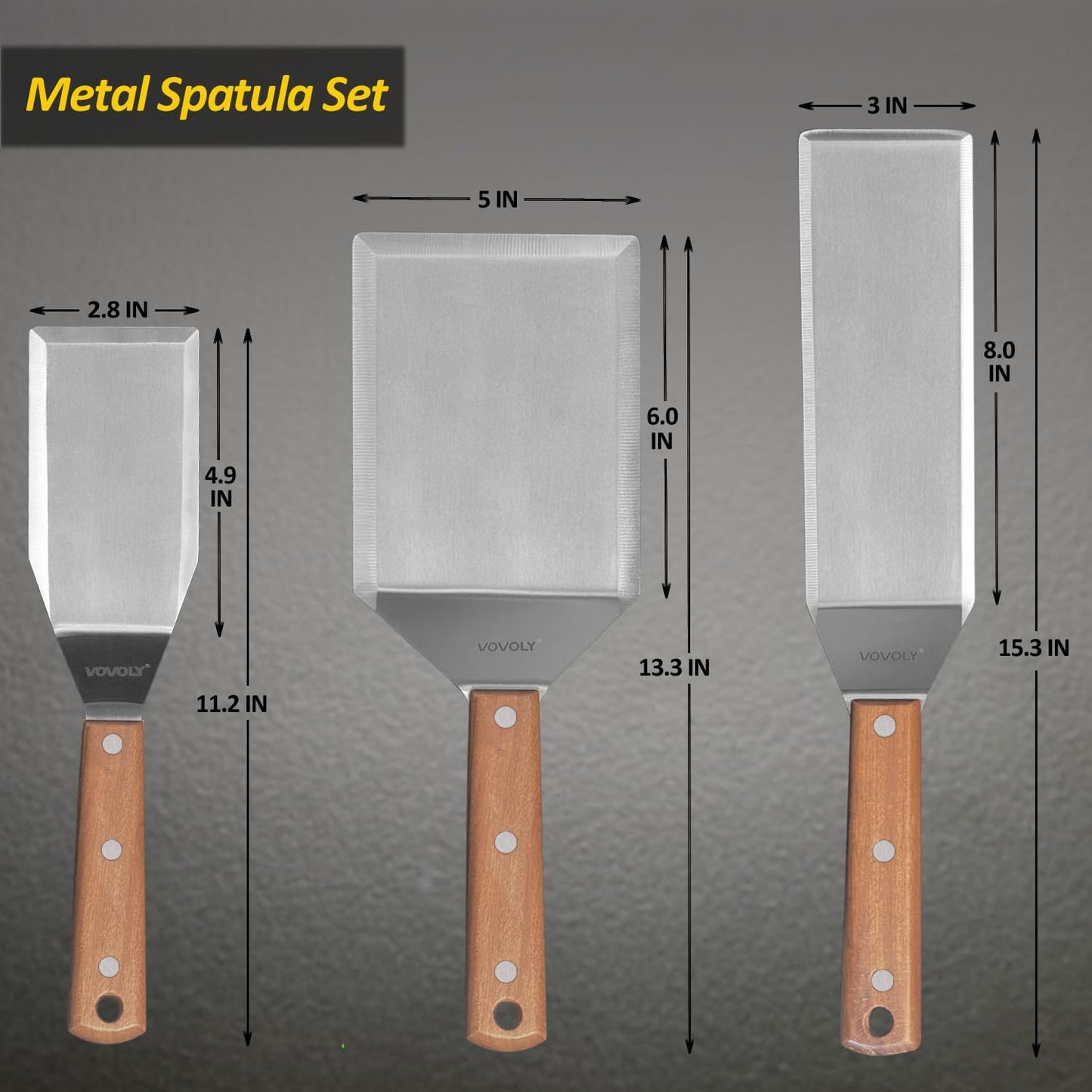 Juego espátulas acero inox para parrilla con mango espiga