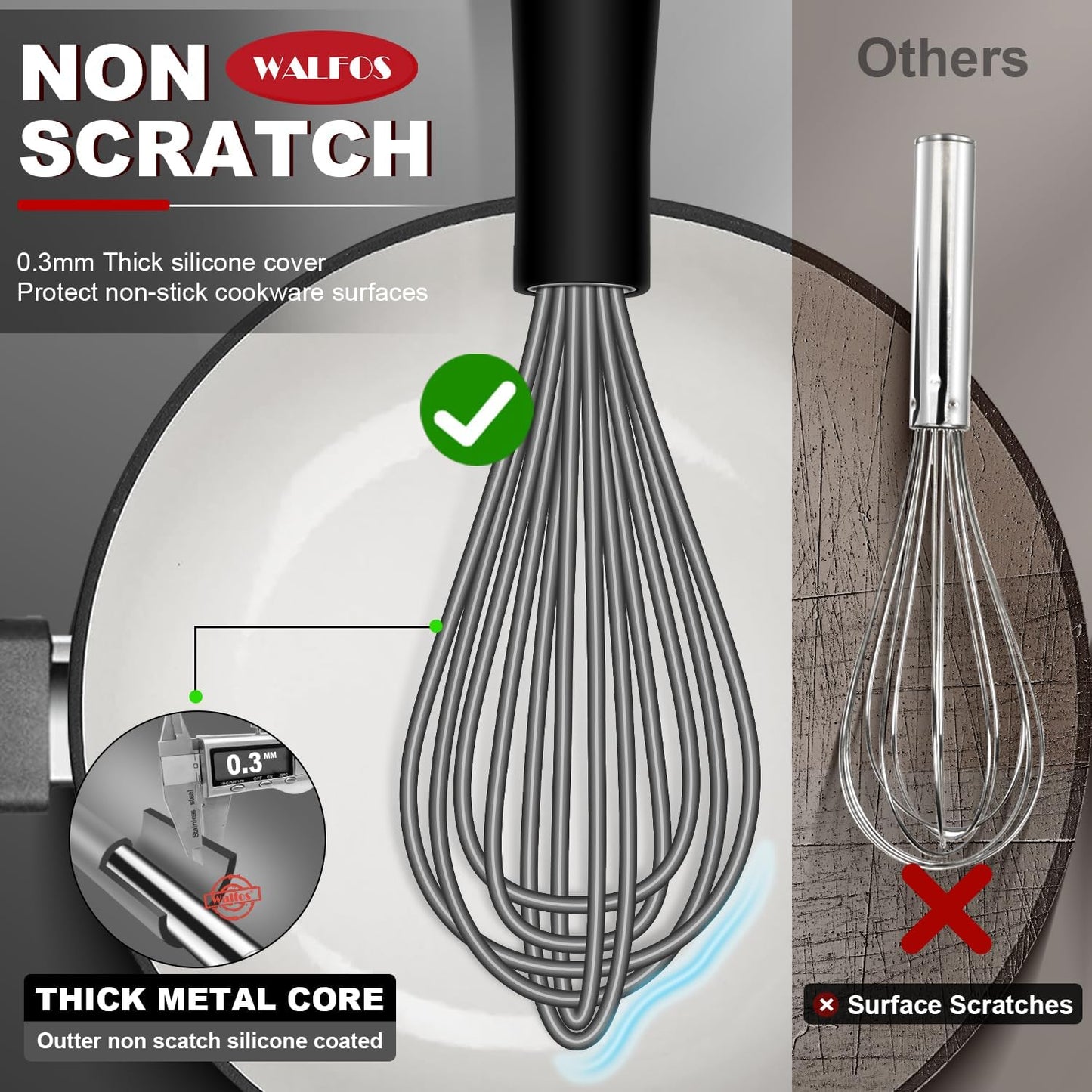 Set 5 Batidores Silicona Acero Inox 7pulg Antiarañazos Gris
