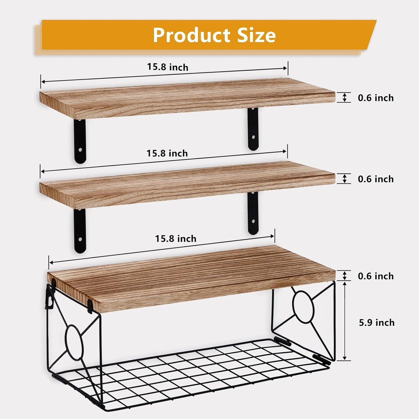 3 Pzas Estante Baño Flotante 15.8" con Cesta Madera Rústico
