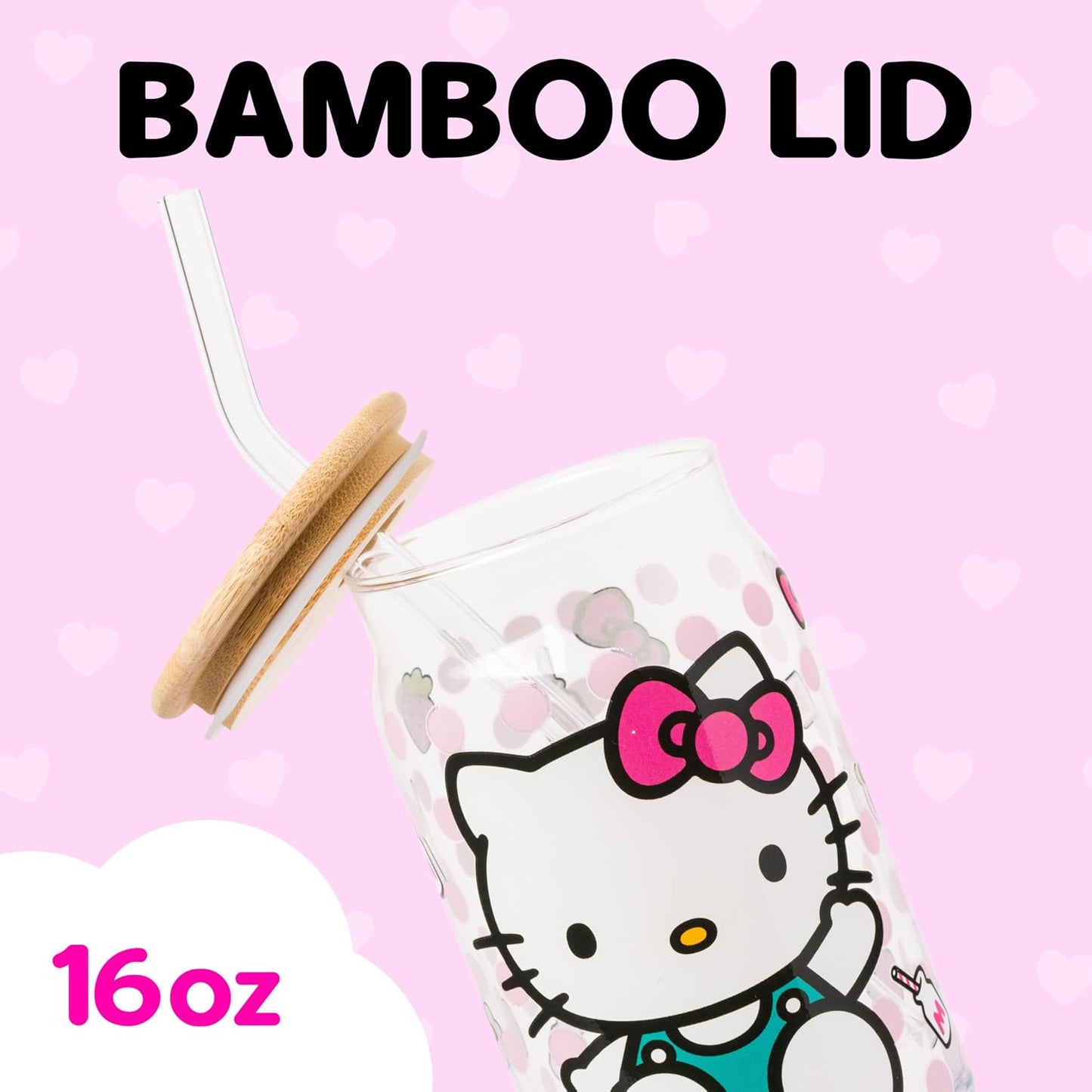 Vaso Hello Kitty vidrio con lazo leche fresa 16oz