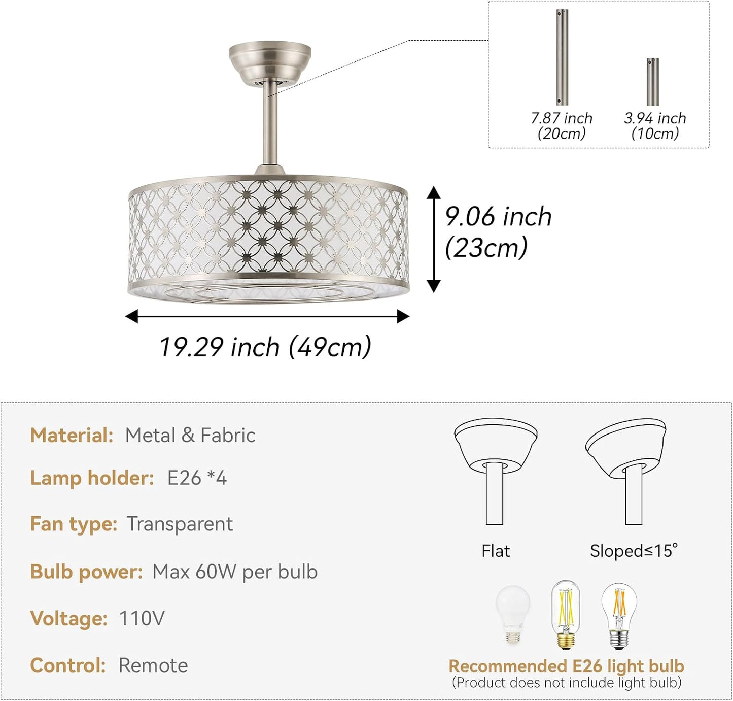 Ventilador techo candelabro plateado 20pulg control remoto