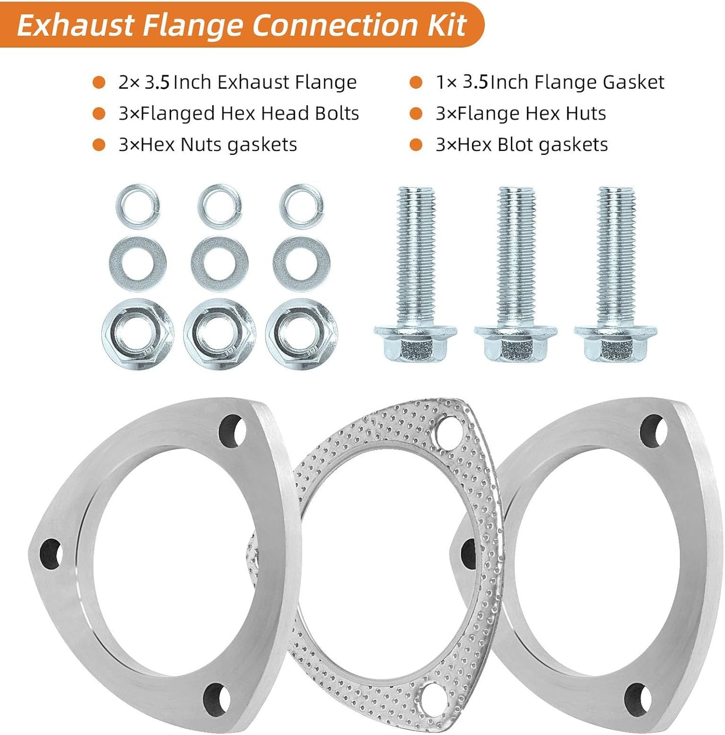 Kit brida escape acero inox 3.5" 89mm con junta y pernos
