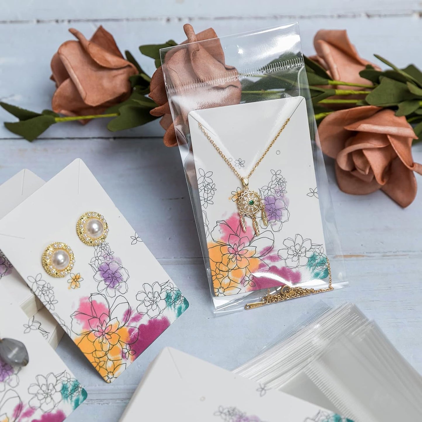 Tarjetas exhibición joyas con bolsas 100 uds