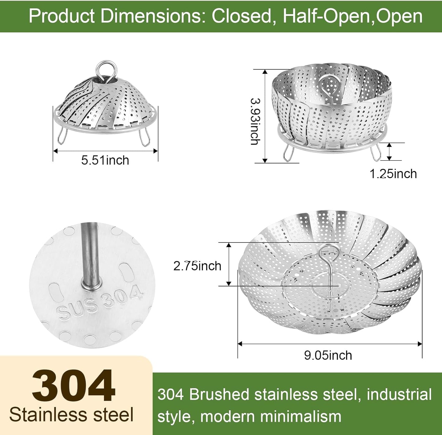 Cesta de vapor de acero inoxidable 304 plegable para pescado, verduras y huevos