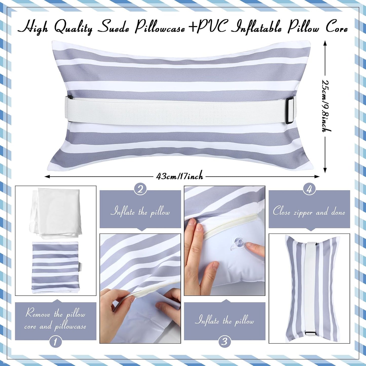 Almohada inflable playa 17x10pulg correa rayas gris