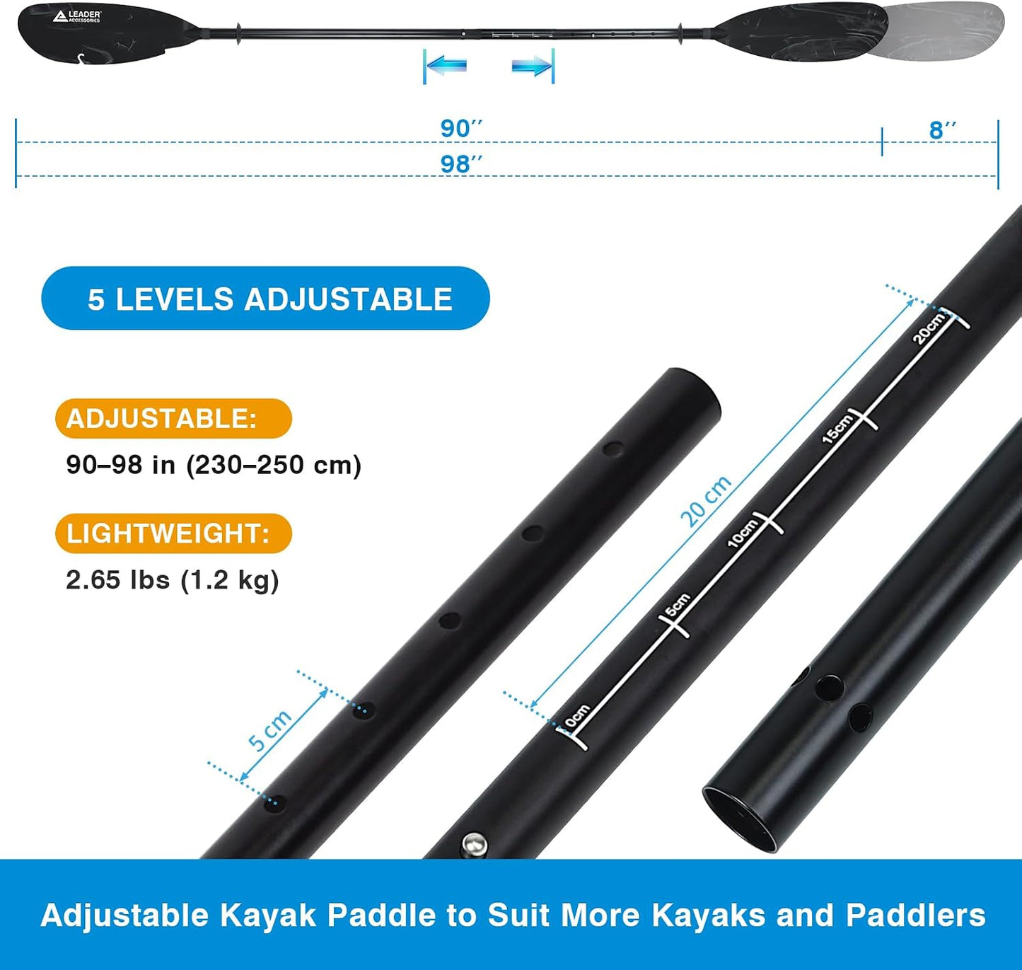 Remo ajustable kayak 90-98" correa paleta aluminio