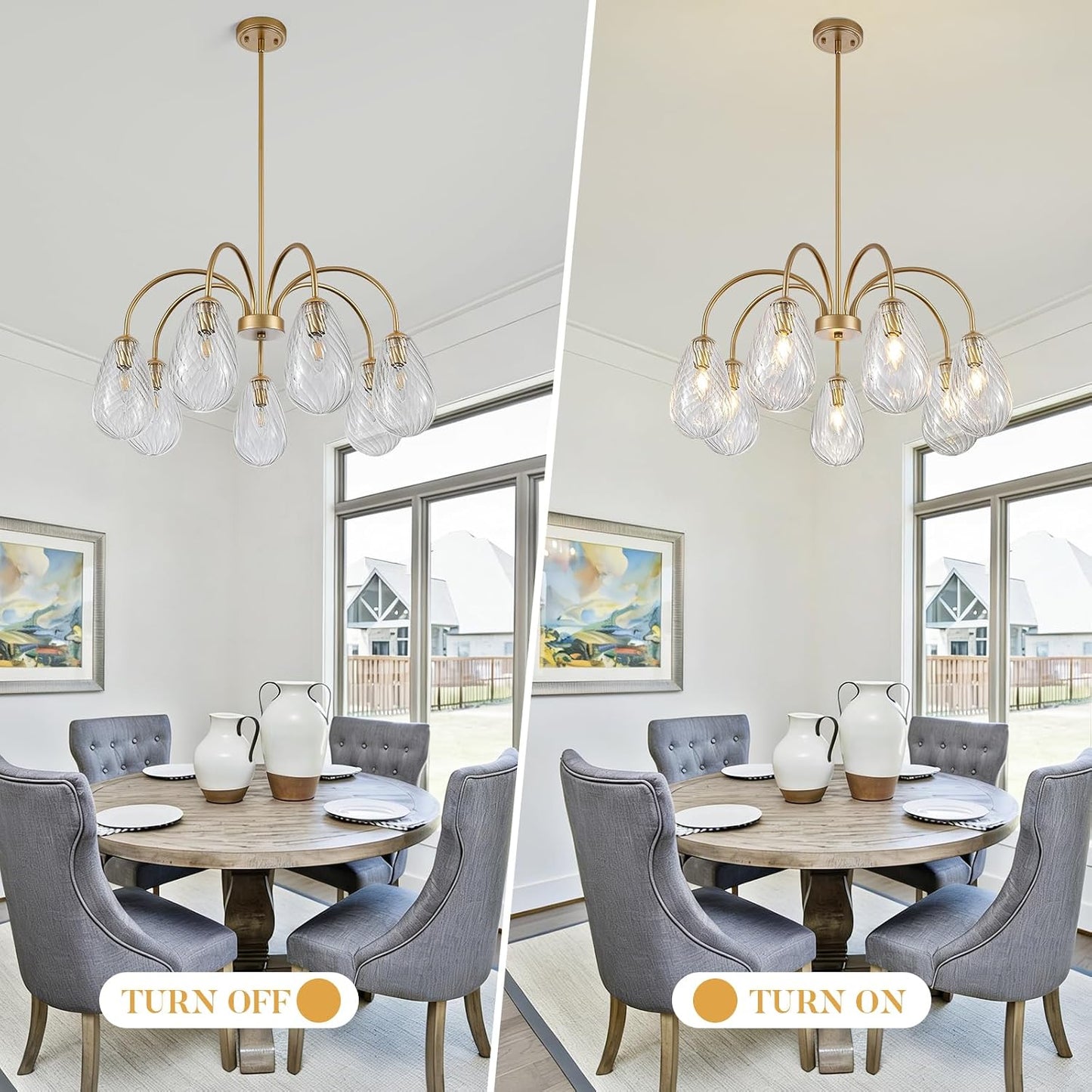 Candelabro dorado 7 luces moderno con pantallas vidrio textura