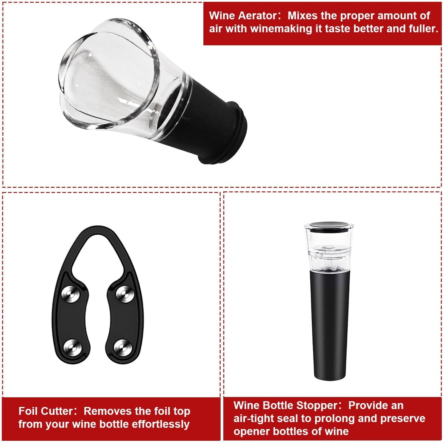 Juego Wino On the Go 4 en 1 con bomba de aire, vertedor, cortador de aluminio y tapón de vacío