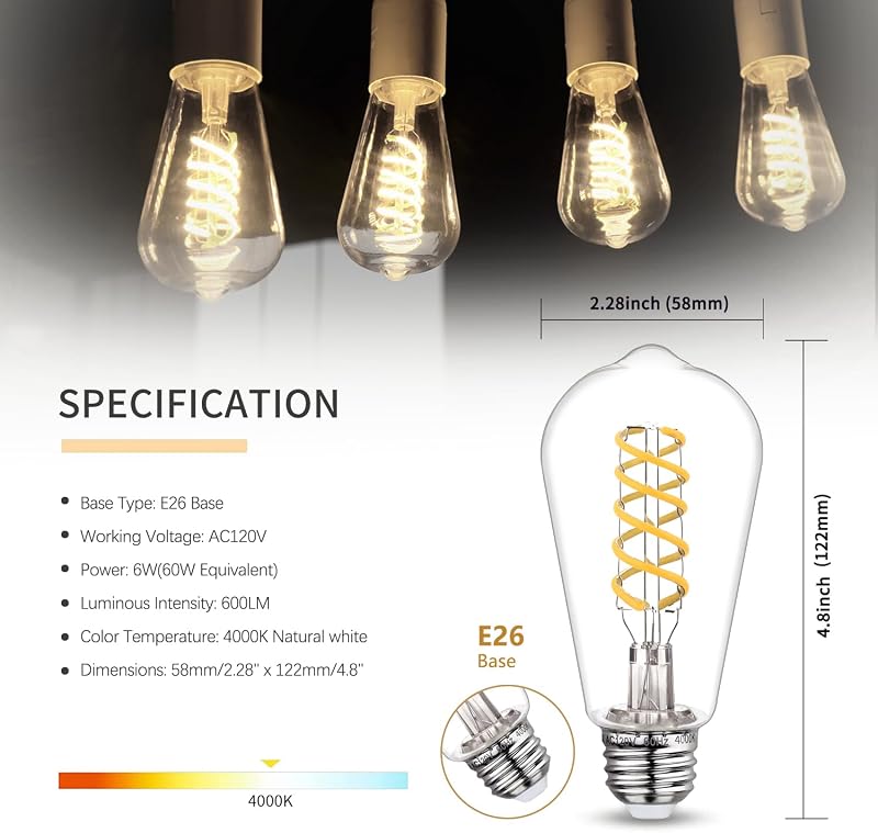 12 Bombillas LED Edison ST58 Regulables 6W Luz Blanca 4000K
