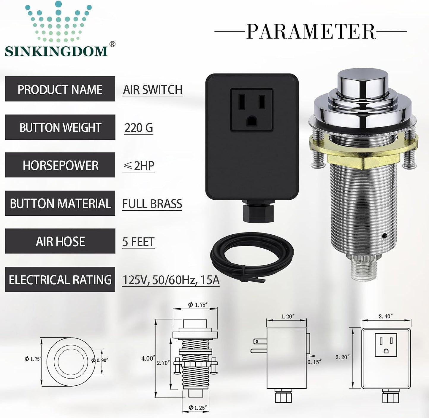 Kit interruptor aire SinkTop botón latón cromado inalámbrico