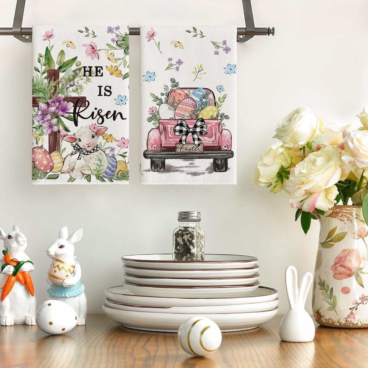 Juego de 2 toallas de cocina con diseño de oveja, camión, conejo y flores Pascua primavera