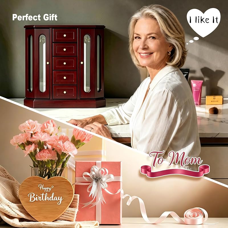 Joyero madera maciza con organiz. 5 cajones y espejo marrón