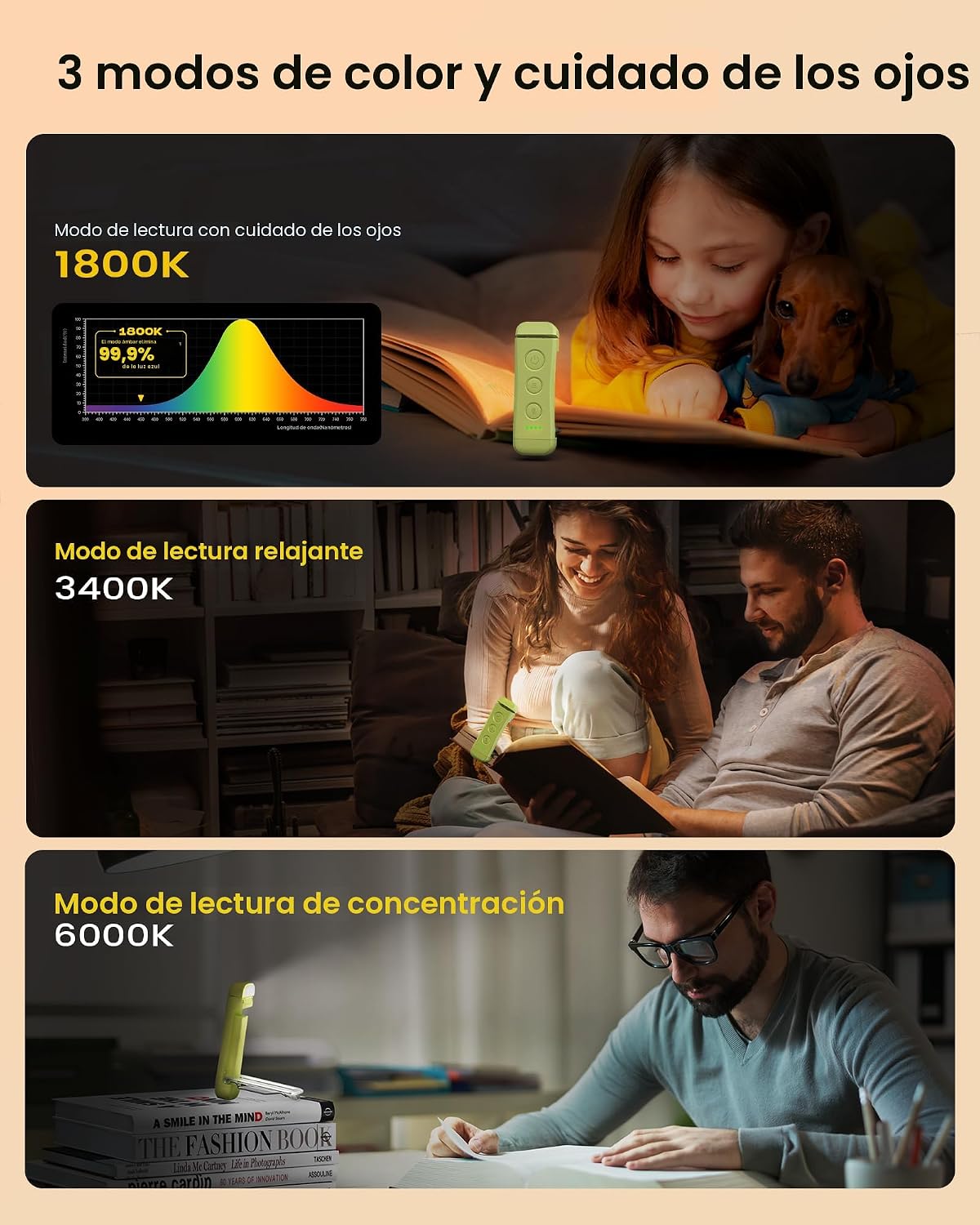Luz lectura LED recargable USB con clip 3 colores 5 brillo