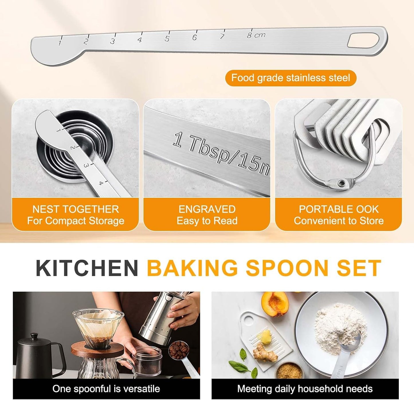Set 8 cucharas medidoras acero inox para cocina hornear