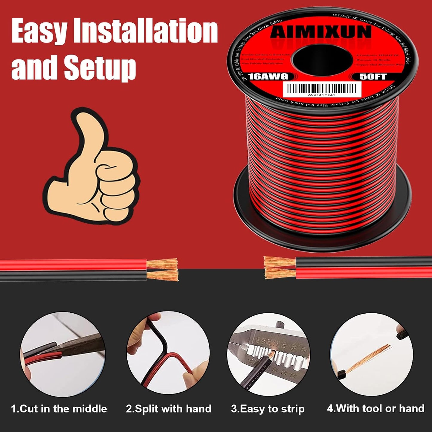 Cable eléctrico 16 AWG 50ft rojo y negro 12V
