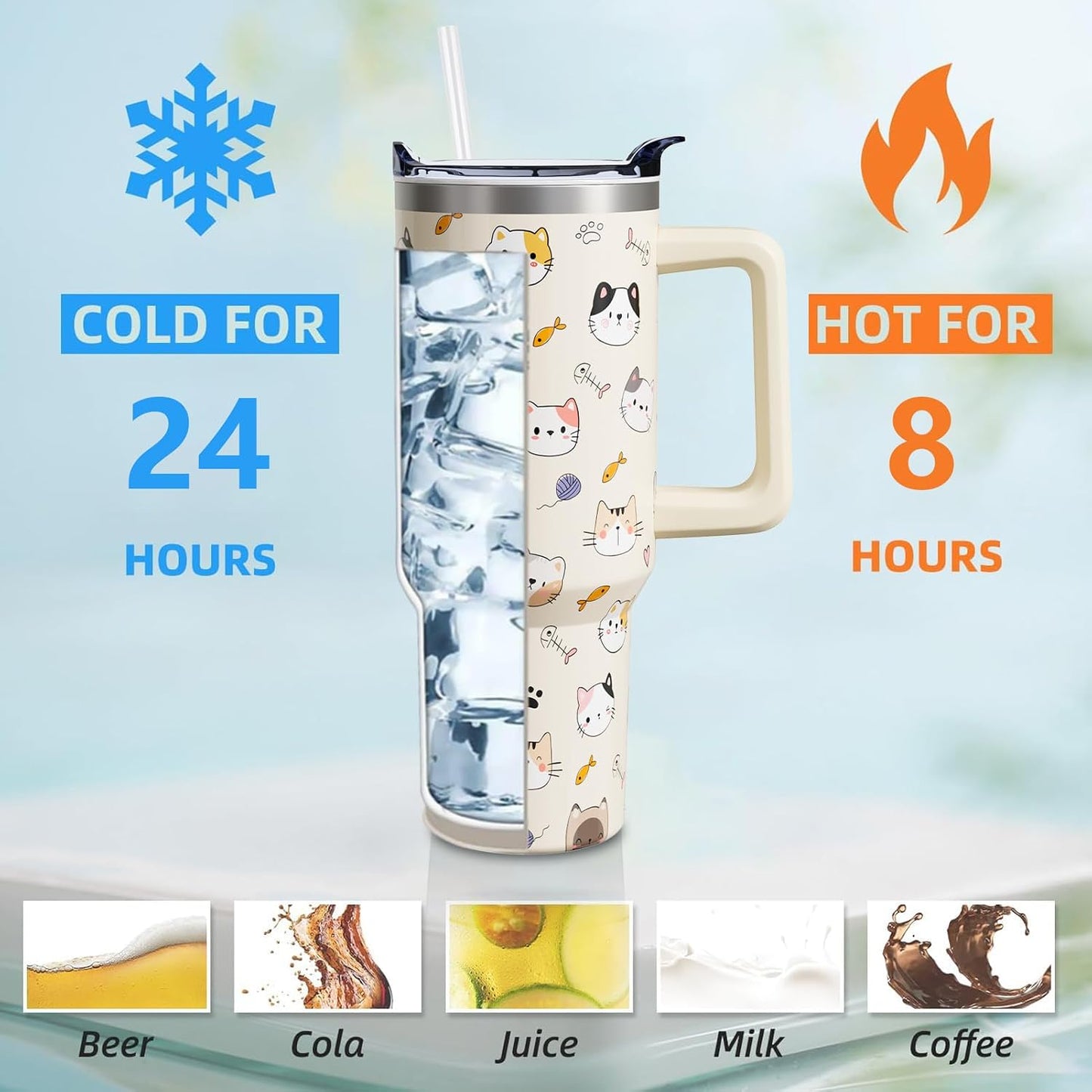 Vaso acero inox 40oz con asa tapa popote regalo gatos