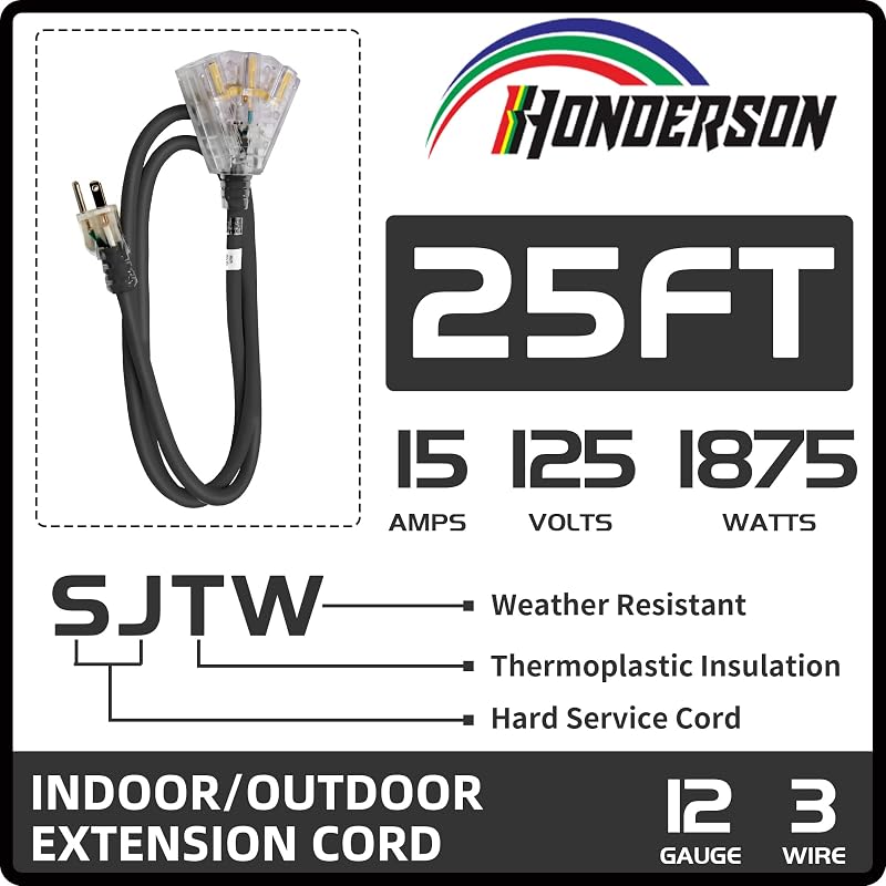 Cable extensión 3 salidas resistente 12/25 ft negro UL