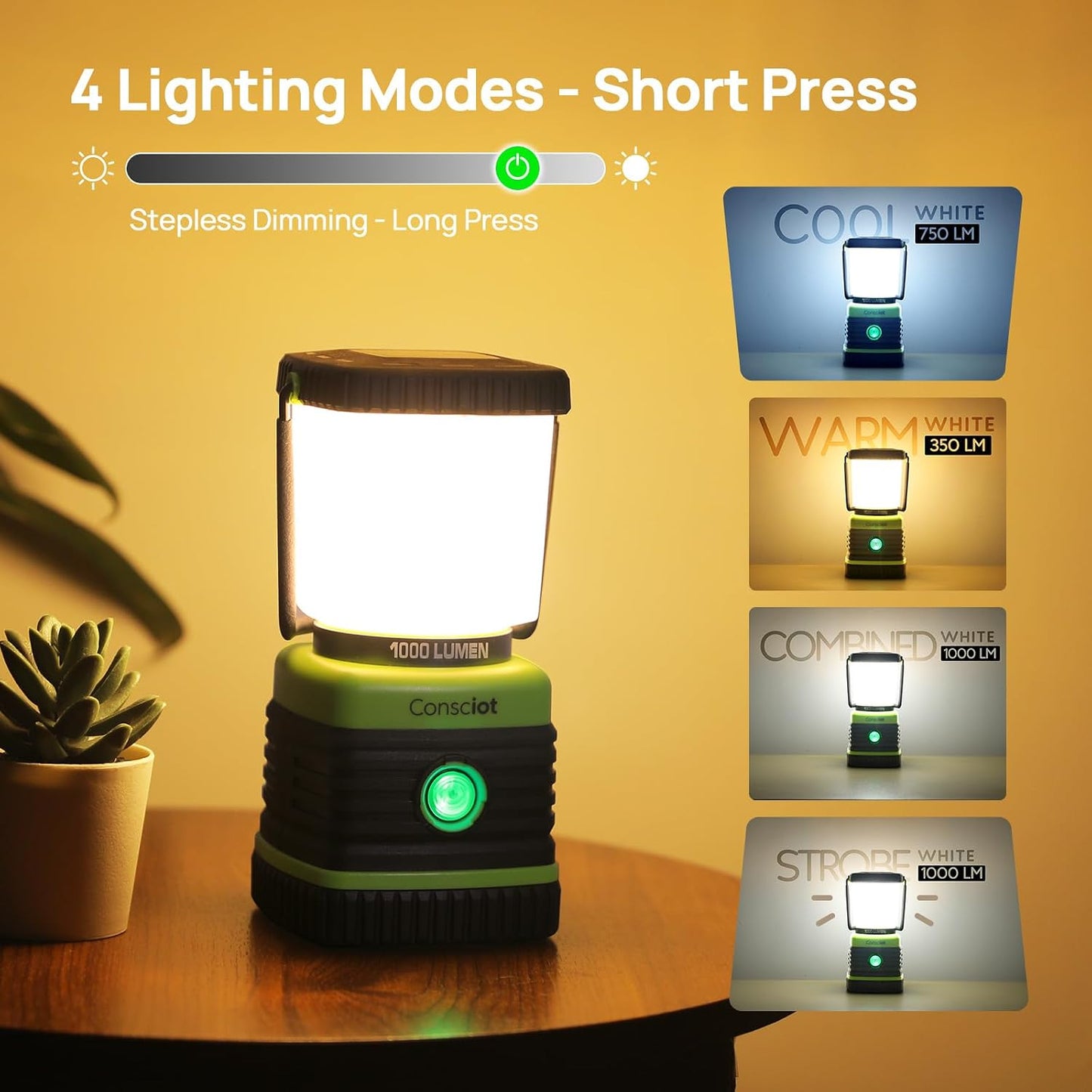 Linterna LED camping 1000lm 4 modos ipx4 luz emergencia