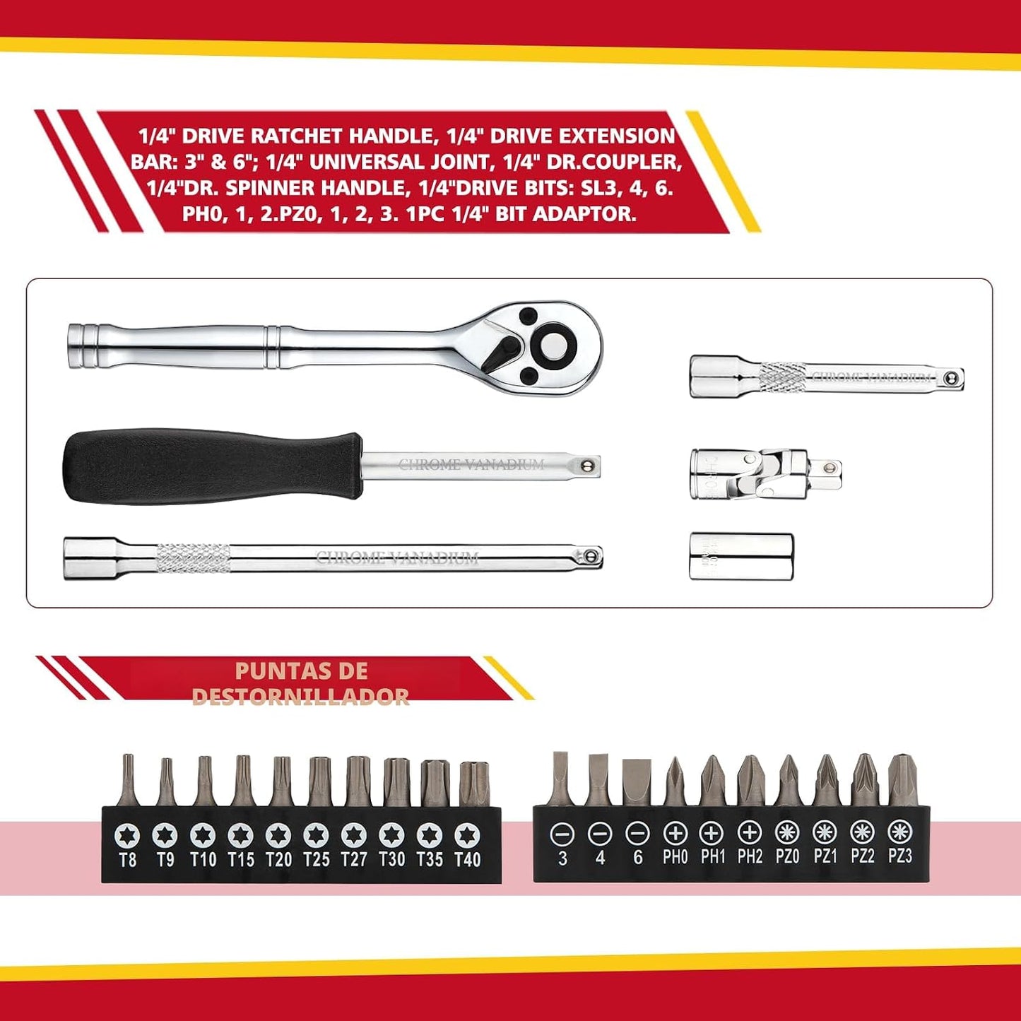 Set llaves vaso 1/4pulg 74pzas trinquetes barra