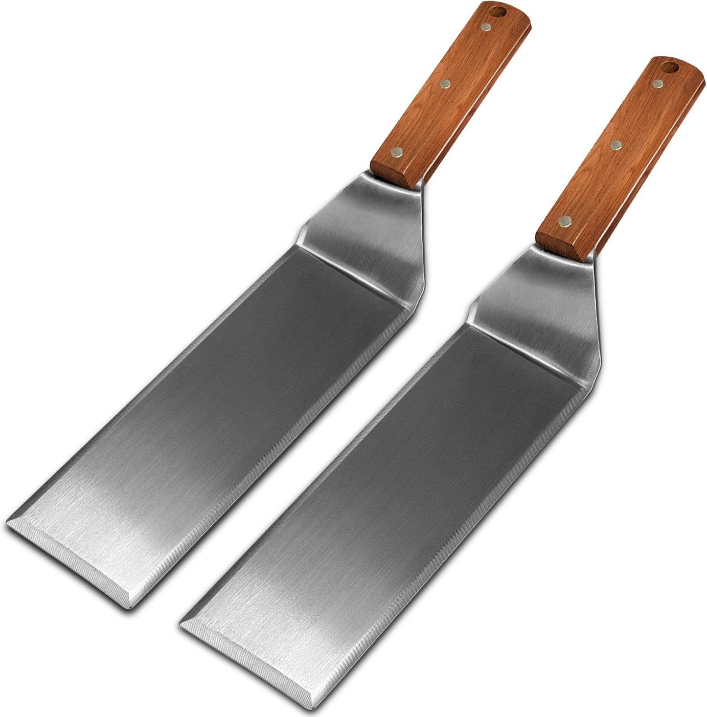 Espátula de acero inoxidable para sartenes de hierro fundido y parrillas planas con mango de madera