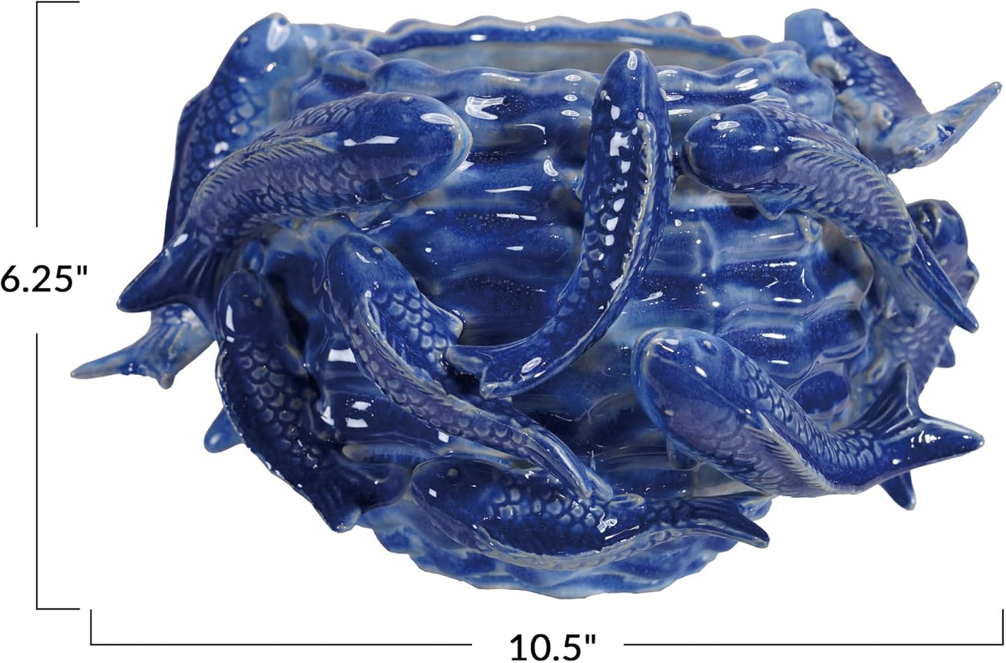 Maceta gres hecha a mano con peces 3D azul