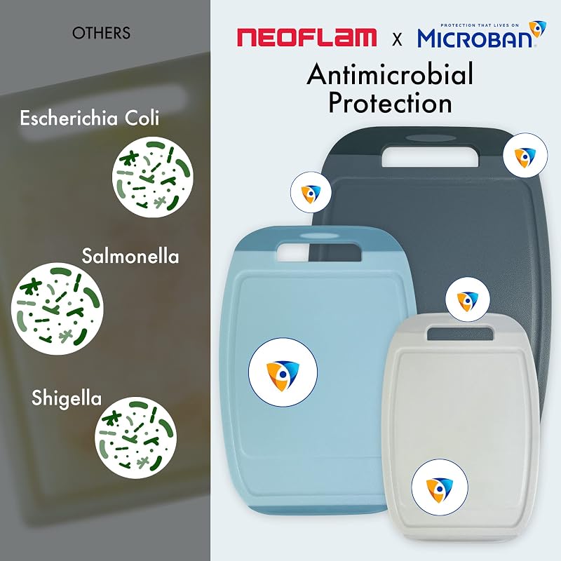Tabla cortar plástico antimicrobiano 3 Pzas sin BPA azul gris