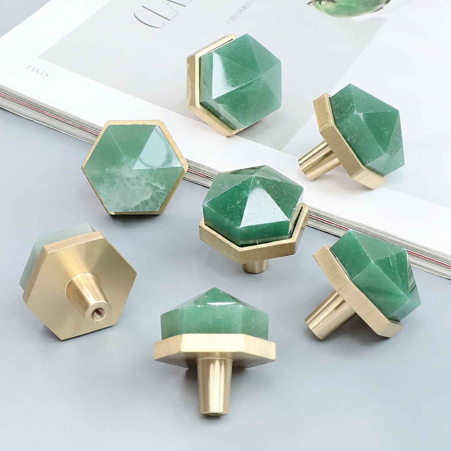 2 Pomas Cristal Aventurina Verde Hexagonal para Cajón Hogar