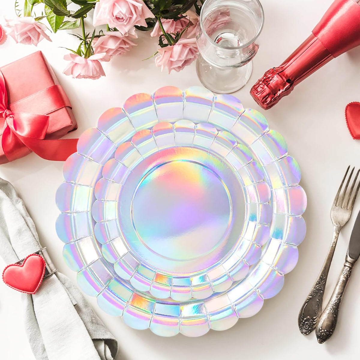 Platos de papel holográficos iridescentes para fiestas 25 x 7 y 25 x 9 pulgadas
