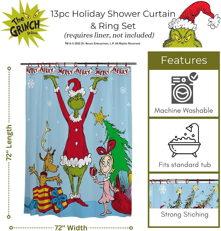 Set 13 Pzas Cortinas Ducha 72x72pulg Dr. Seuss The Grinch