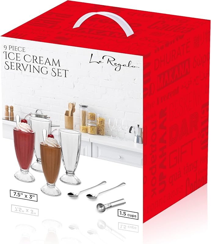 Set 9 Pzas para Servir Helado 4 Tazas 1 Cucharada Plateado