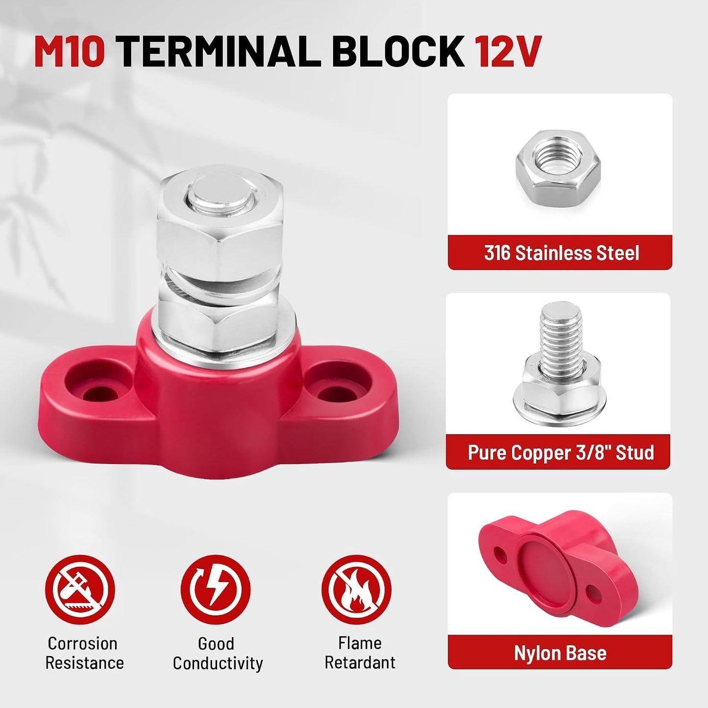 Bloque distribución 12V 150A barra colectora M10 terminal
