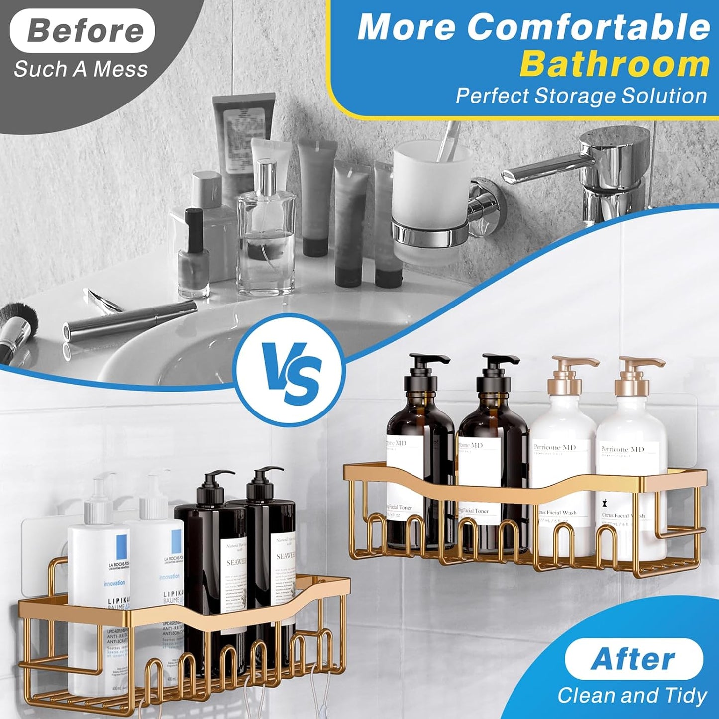 Organiz. ducha 2uds adhesivo baño cocina acero inox