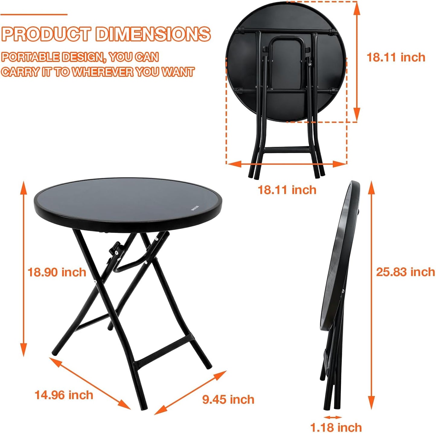 Mesa auxiliar redonda vidrio templado plegable negro