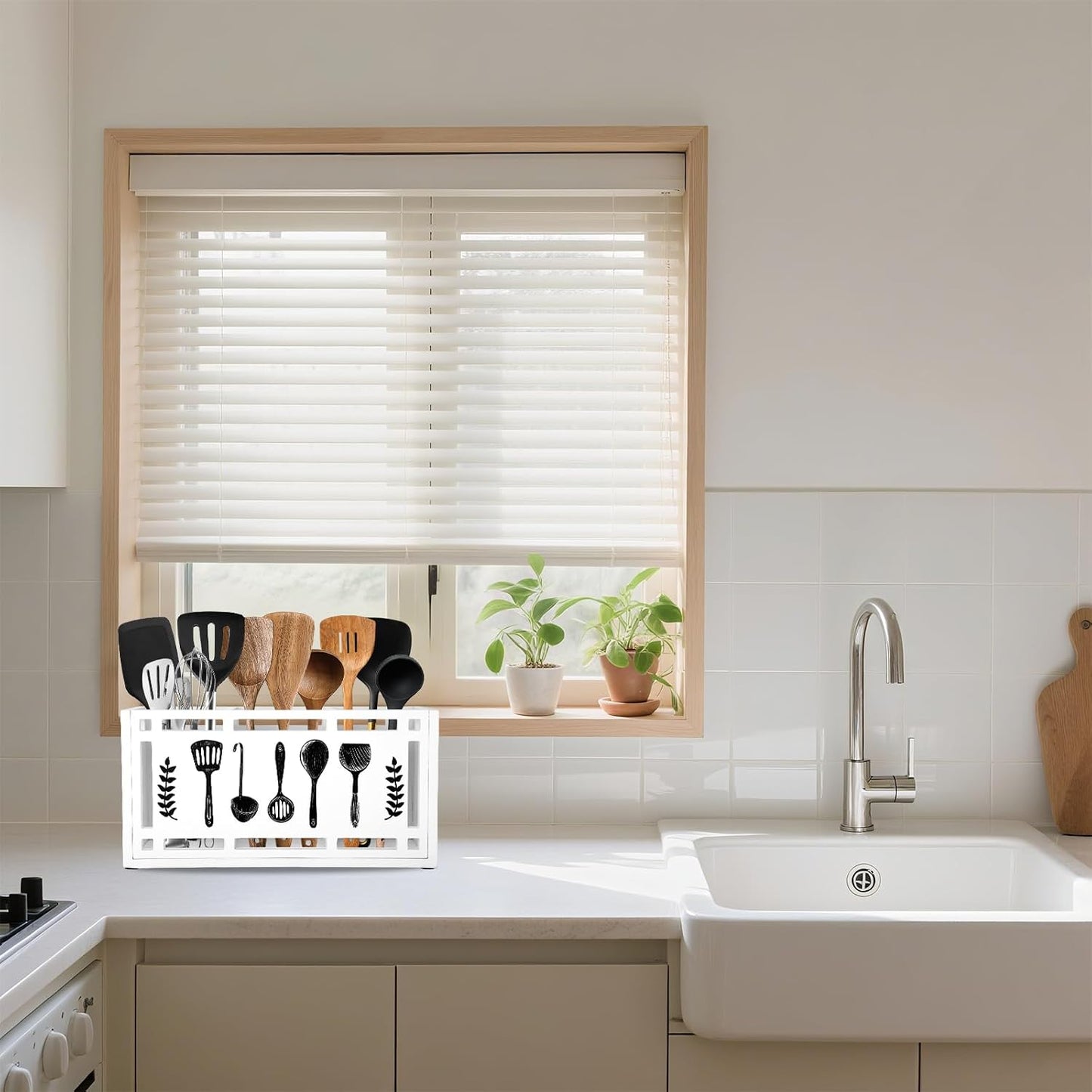 Soporte utensilios cocina madera 3 compartimentos