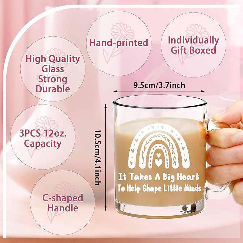 3 Tazas Vidrio 12oz con Asas para Regalo Profesor