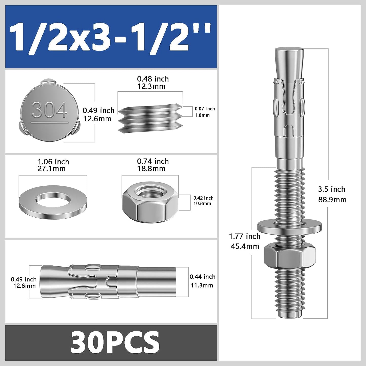 30 Sujetadores 1/2x3-1/2pulg Acero Inox Cemento