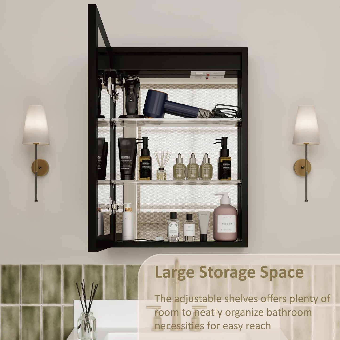 Botiquín 20x28pulg con luces espejo gabinete led baño negro