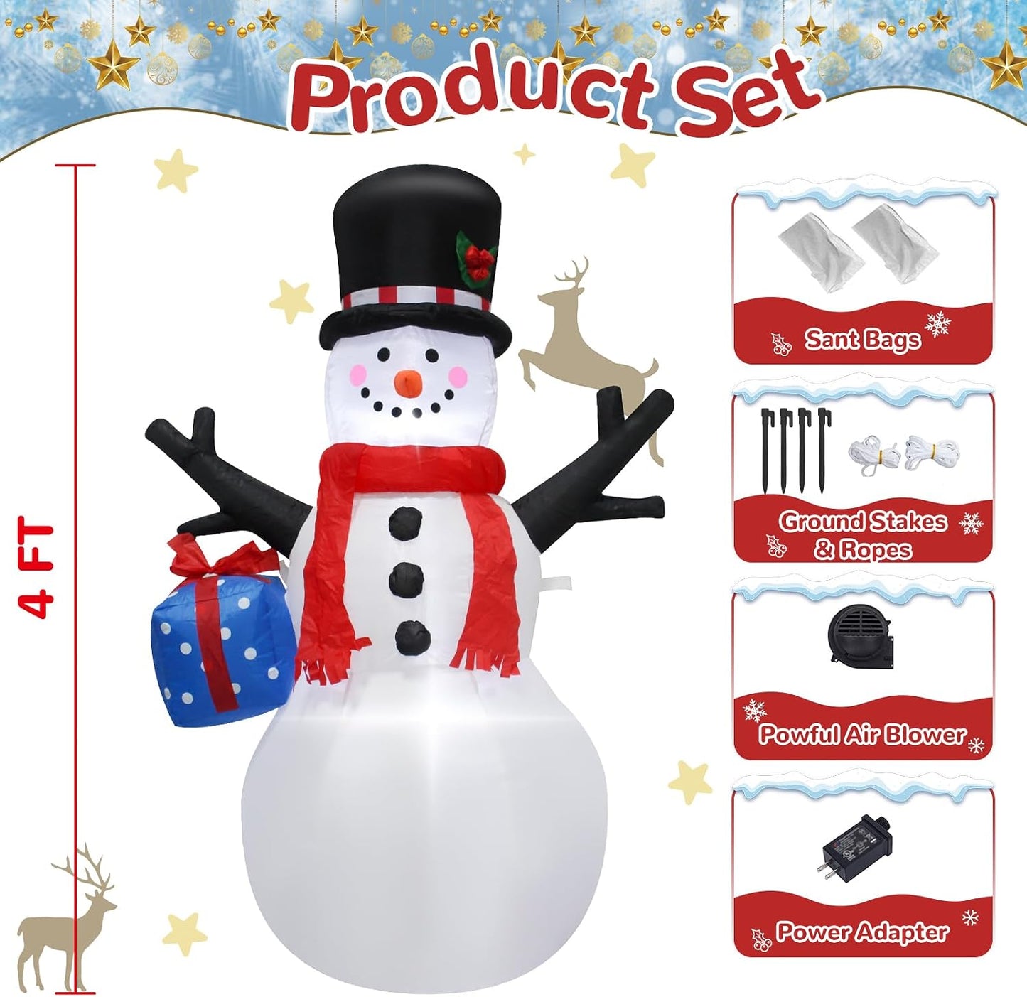 Muñeco nieve inflable 4ft con luces LED patio jardín