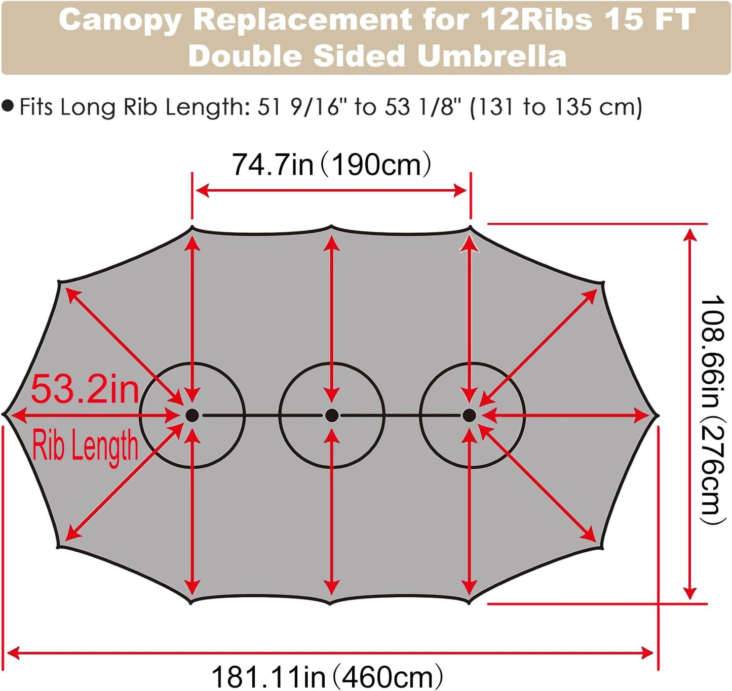 Repuesto toldo 12 ribs para toldo 15ft doble cara