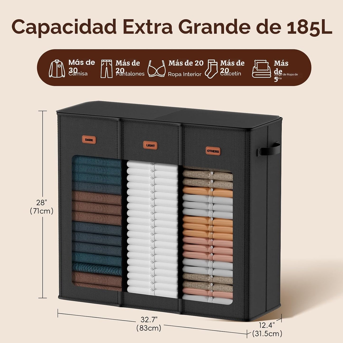 Cesta ropa sucia 185L 3 secciones con tapa y bolsas