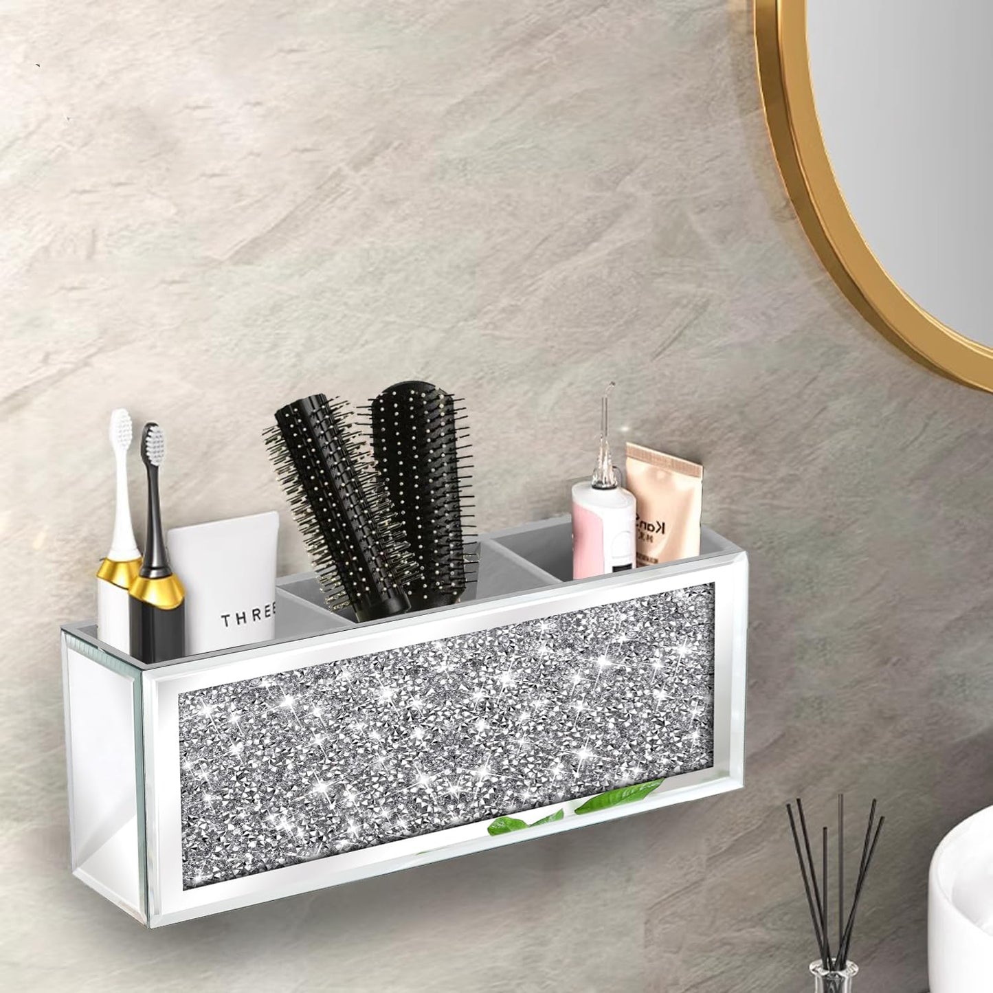 Soporte secador pelo con espejo bandeja plateada baño