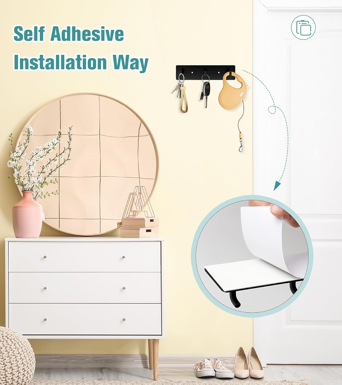 Soporte llaves pared metal autoadhesivo 3 ganchos negro