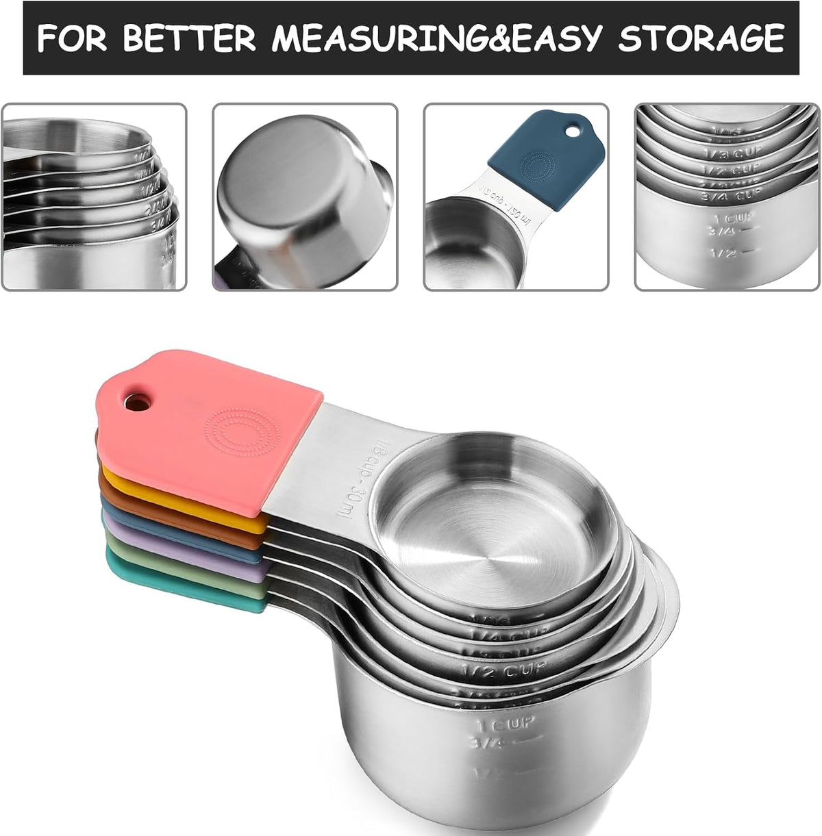 Set 16 Tazas y Cucharas Magnéticas Acero Inox Apilables