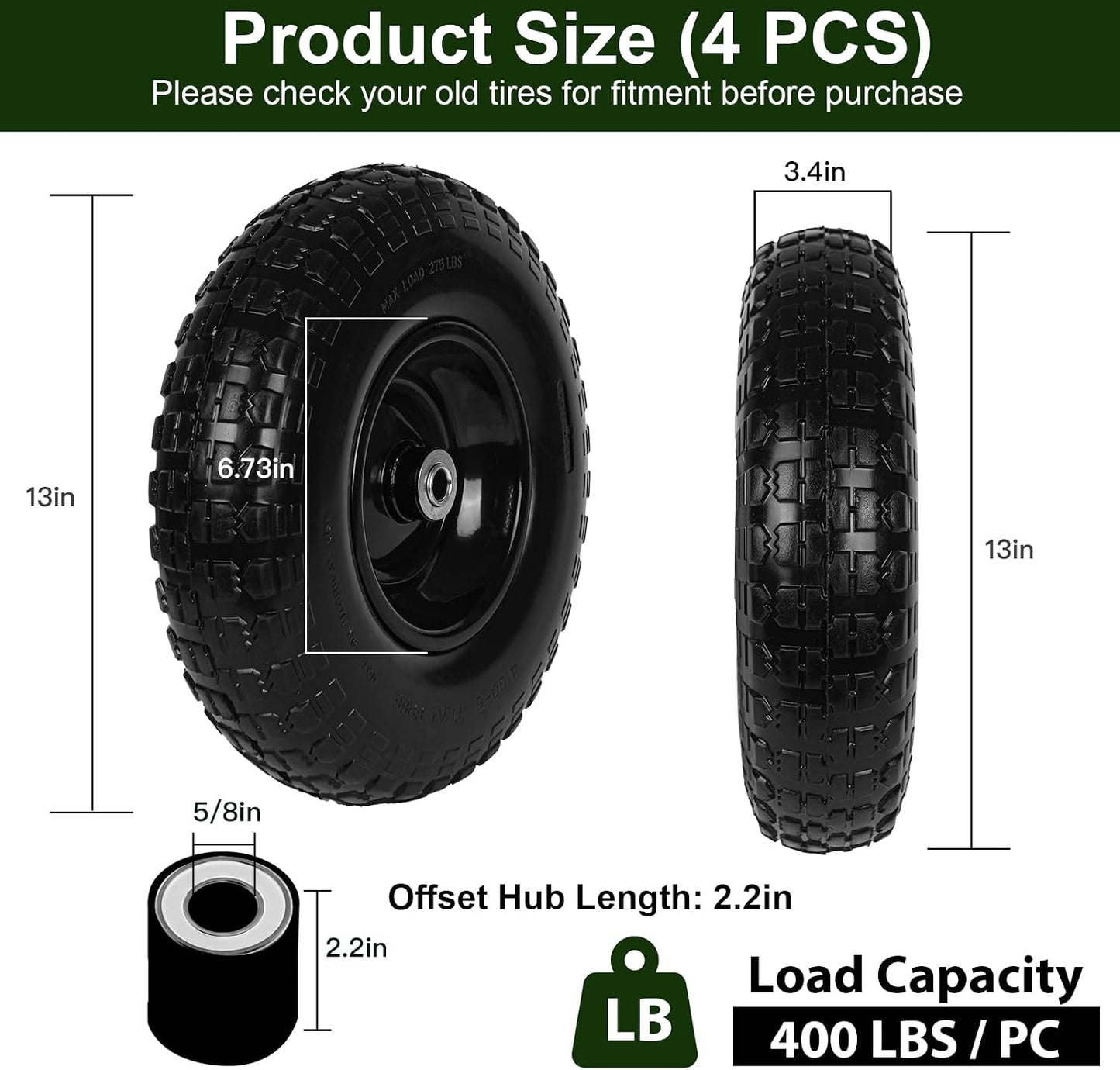 4 Pzas Ruedas Sin Aire 13pulg 4.00-6 Orificio 5/8'' para Carretilla