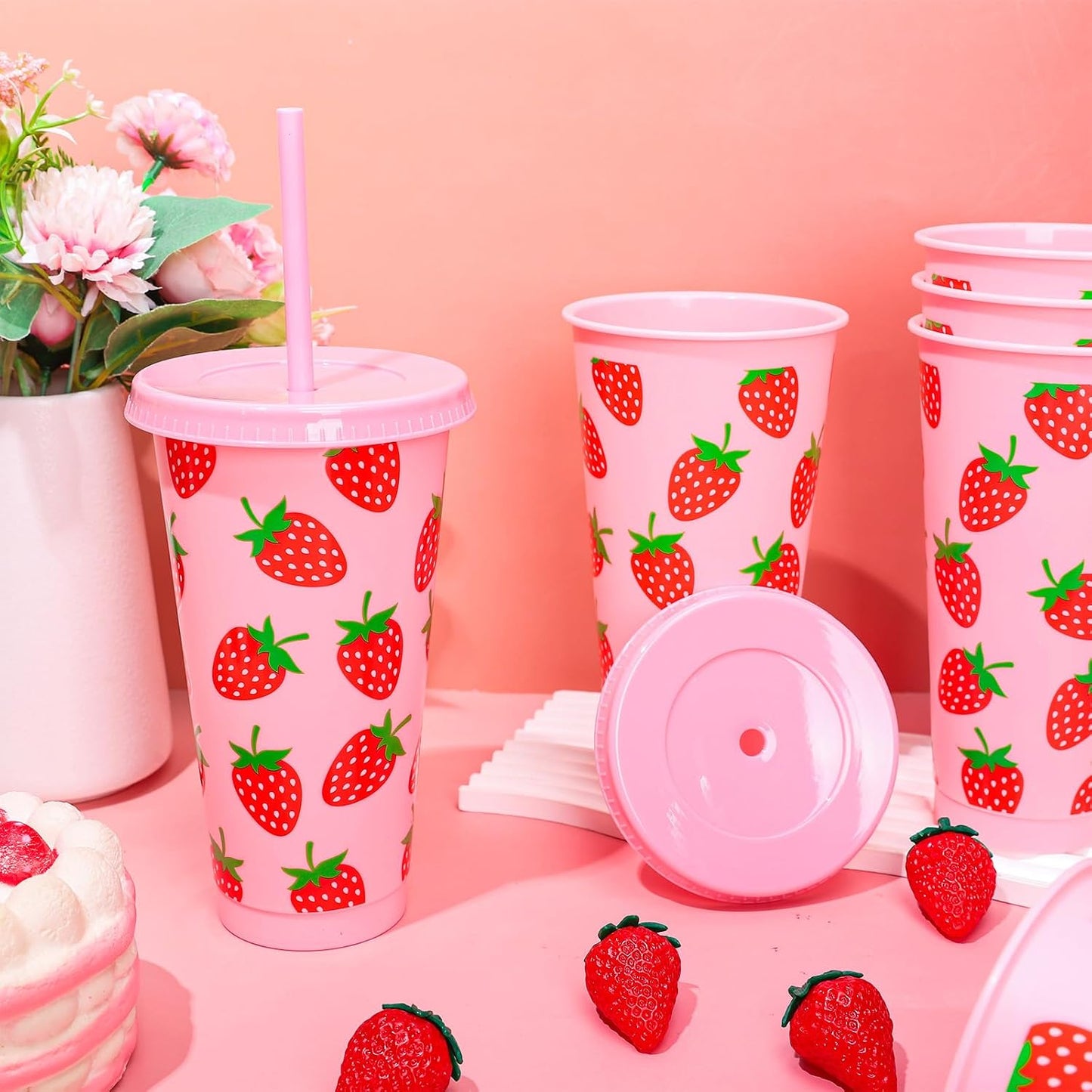 12 Vases Plástico Fresa con Tapas Pajitas 24oz