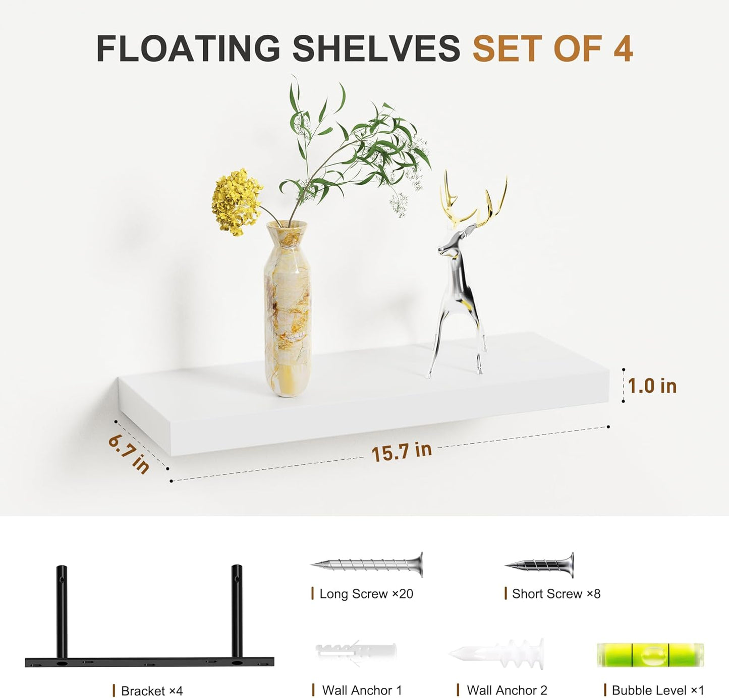 Set 4 estantes flotantes madera blanca 16"