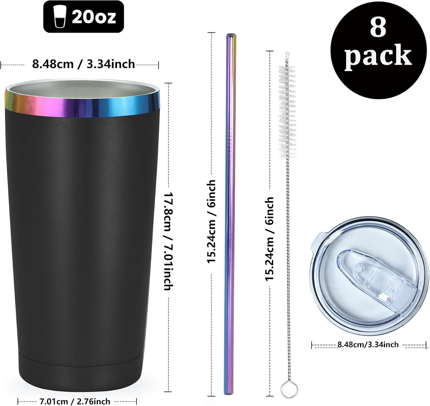 8 Vases Acero Inox Aislados 20oz con Tapa y Popote