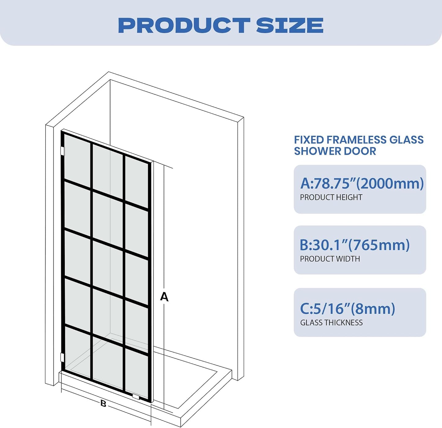 Puerta ducha baño 30.1x78.75pulg vidrio templado negro mate